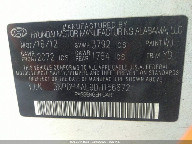 2013 HYUNDAI ELANTRA GLS VIN: 5NPDH4AE9DH156672