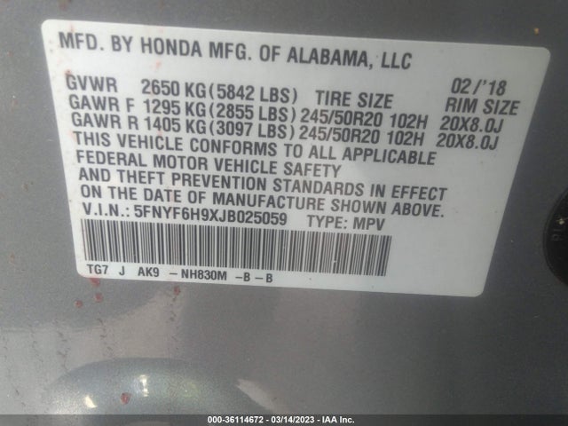 Honda Pilot Touring 2018 5FNYF6H9XJB025059 Image 9