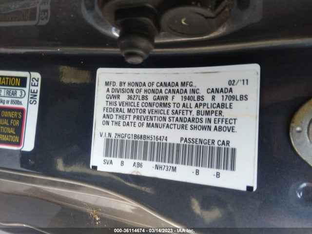 2011 HONDA CIVIC CPE LX VIN: 2HGFG1B68BH516474