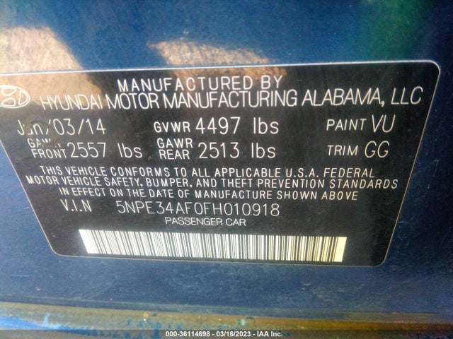 2015 HYUNDAI SONATA 2.4L LIMITED VIN: 5NPE34AF0FH010918