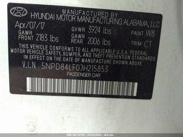 2018 HYUNDAI ELANTRA SEL VIN: 5NPD84LF0JH215853
