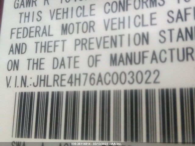 2010 HONDA CR-V EX-L VIN: JHLRE4H76AC003022