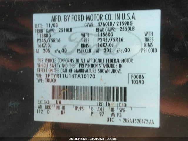 2004 FORD RANGER EDGE PLUS VIN: 1FTYR11U14TA10170