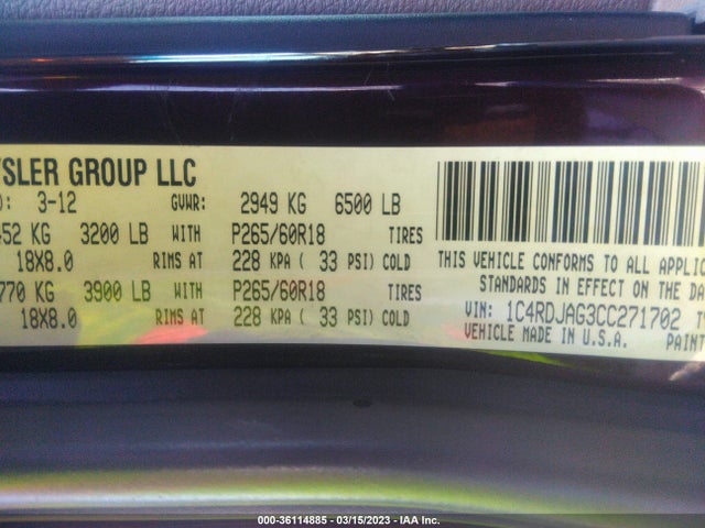 2012 DODGE DURANGO SXT VIN: 1C4RDJAG3CC271702