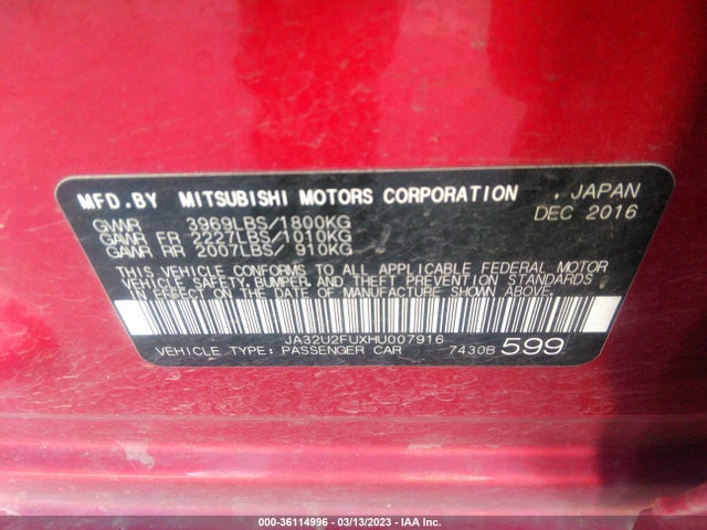 JA32U2FUXHU007916 Mitsubishi Lancer Es/le