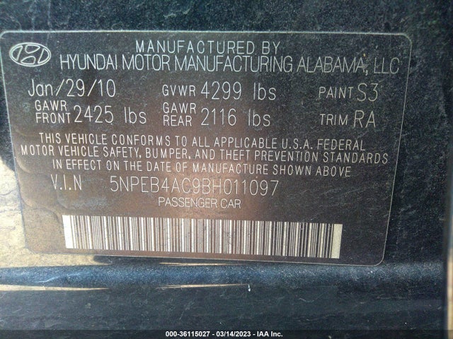 2011 HYUNDAI SONATA GLS VIN: 5NPEB4AC9BH011097