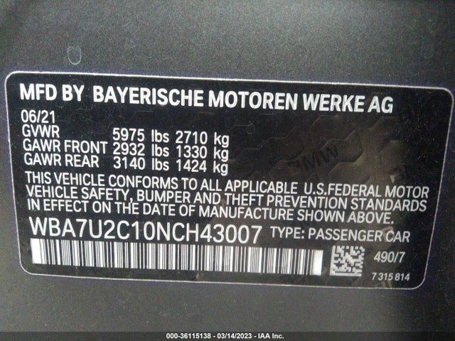 2022 BMW Alpina B7, VIN: WBA7U2C10NCH43007