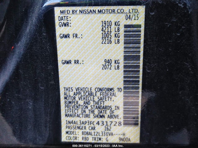 2015 NISSAN ALTIMA 2.5 SV VIN: 1N4AL3AP3FC431728