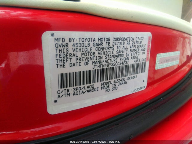 2002 LEXUS SC 430 VIN: JTHFN48Y320034237