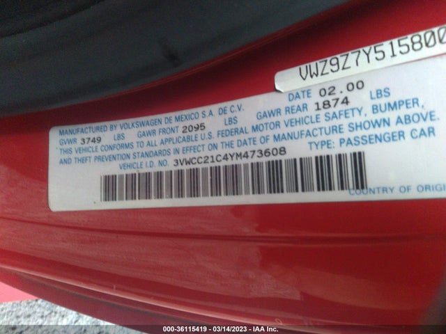 Volkswagen New Beetle Gls 2000 3VWCC21C4YM473608 Image 10