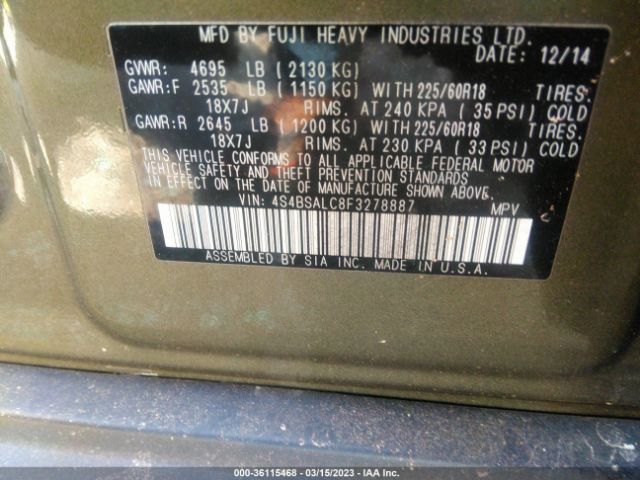 4S4BSALC8F3278887 Subaru Outback 2.5i Limited