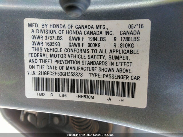2016 HONDA CIVIC SEDAN LX VIN: 2HGFC2F50GH552878