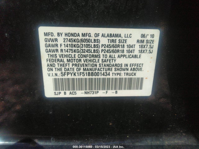 Honda Ridgeline Rtl 2011 5FPYK1F51BB001434 Image 10