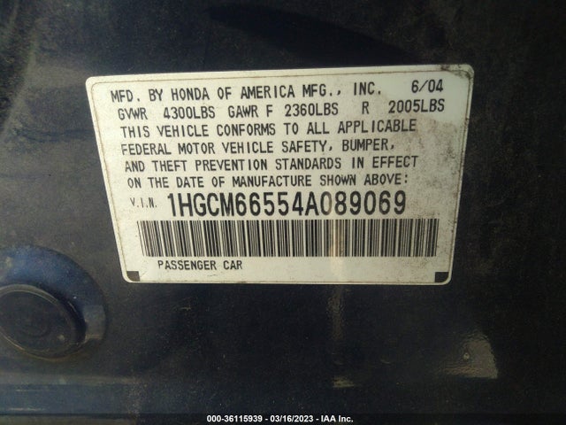 2004 HONDA ACCORD SDN EX VIN: 1HGCM66554A089069