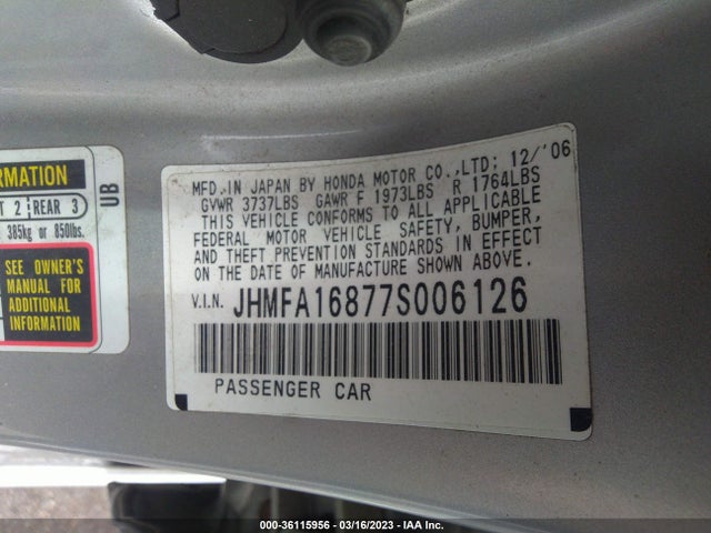 2007 HONDA CIVIC SDN EX VIN: JHMFA16877S006126