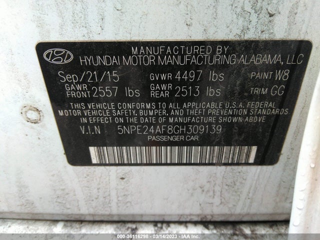 Hyundai Sonata 2016 5NPE24AF8GH309139 Image 9