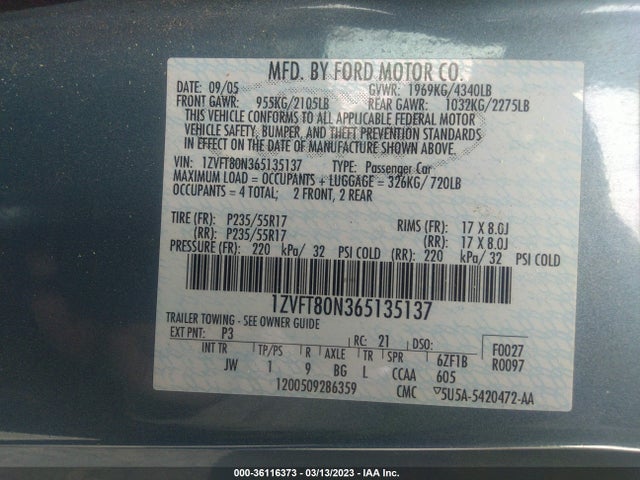 Auction sale of the 2006 Ford Mustang Standard/deluxe/premium, vin: 1ZVFT80N365135137, lot number: 36116373