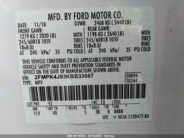 2019 Ford Edge, VIN: 2FMPK4J93KBB33667