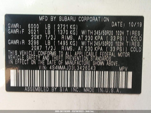 2020 Subaru Ascent, VIN: 4S4WMAJD3L3426043
