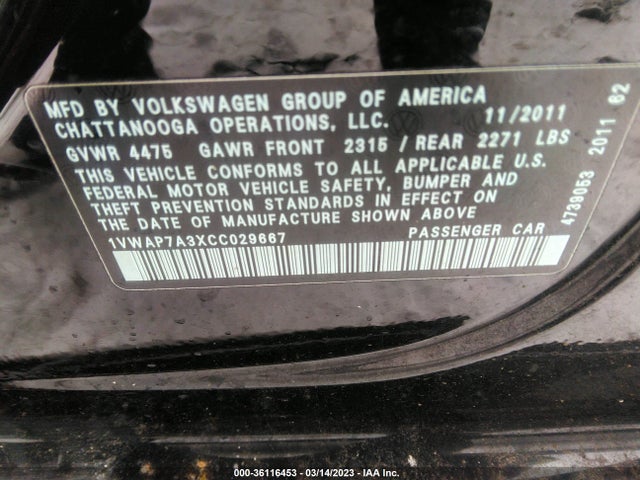 2012 VOLKSWAGEN PASSAT S W/APPEARANCE VIN: 1VWAP7A3XCC029667