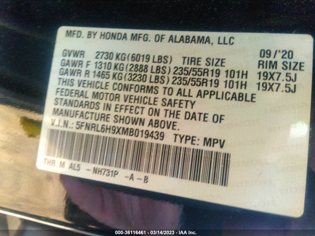 2021 Honda Odyssey, VIN: 5FNRL6H9XMB019439