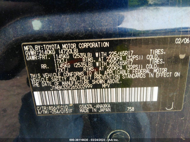 2006 TOYOTA RAV4 BASE VIN: JTMBK33V265002999
