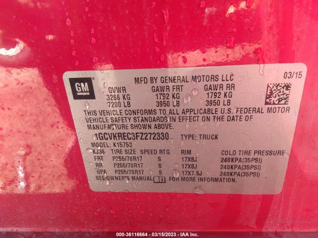 2015 CHEVROLET SILVERADO 1500 LT VIN: 1GCVKREC3FZ272330
