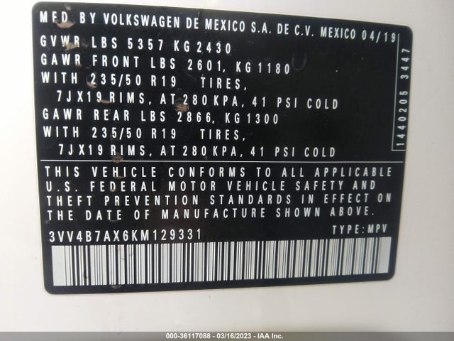 2019 VOLKSWAGEN TIGUAN SEL PREMIUM VIN: 3VV4B7AX6KM129331
