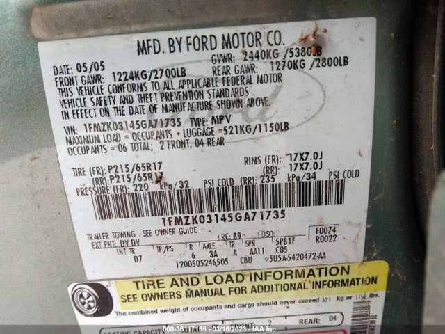 2005 FORD FREESTYLE LIMITED VIN: 1FMZK03145GA71735