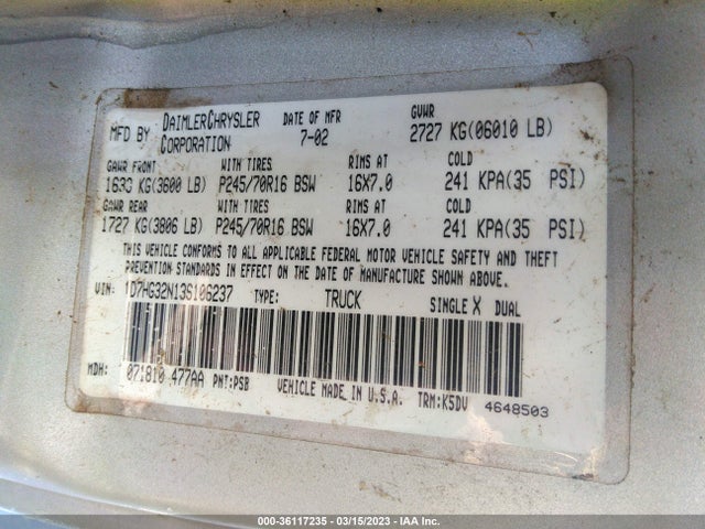 Dodge Dakota Sport 2003 1D7HG32N13S106237 Image 9