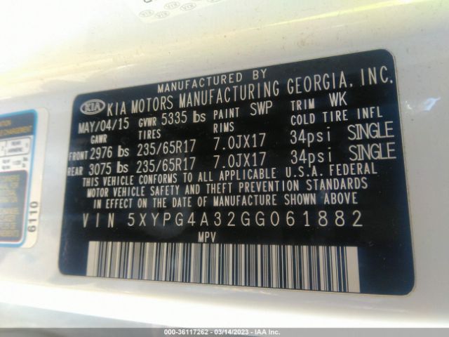 5XYPG4A32GG061882 KIA SORENTO LX