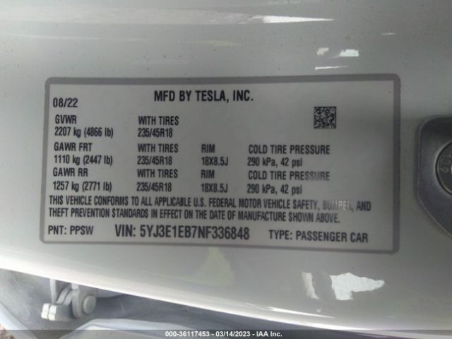 5YJ3E1EB7NF336848 Tesla Model 3 Long Range