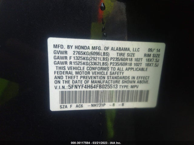 Honda Pilot Ex-l 2015 5FNYF4H64FB025513 Image 9