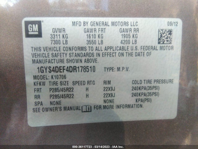 2013 CADILLAC ESCALADE PLATINUM EDITION VIN: 1GYS4DEF4DR178510