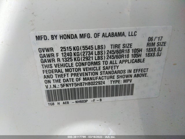 Honda Pilot Ex-l 2017 5FNYF5H87HB022924 Image 9