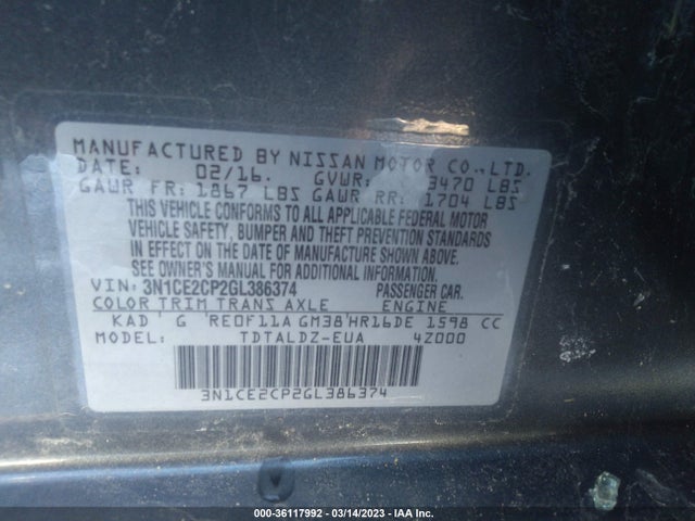 2016 NISSAN VERSA NOTE S/S PLUS/SV/SR/SL VIN: 3N1CE2CP2GL386374