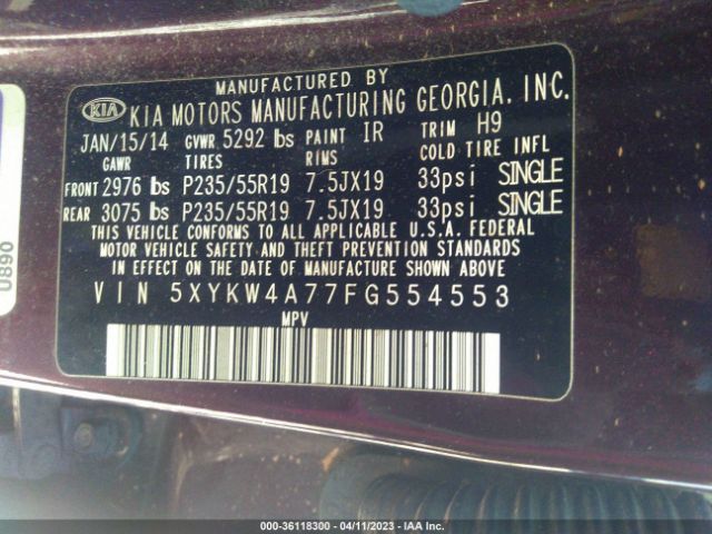 5XYKW4A77FG554553 KIA SORENTO SX