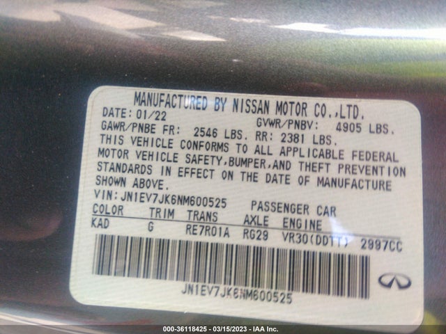 2022 Infiniti Q60, VIN: JN1EV7JK6NM600525