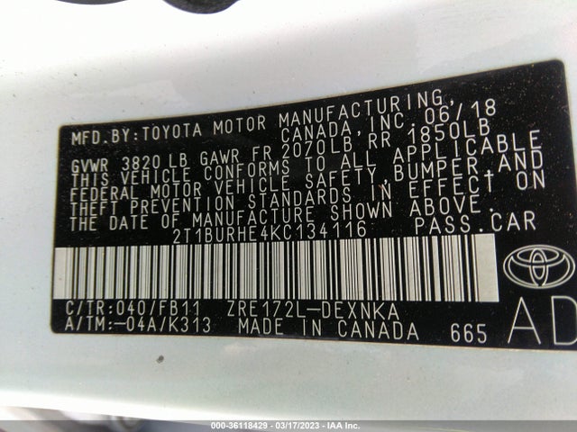 Toyota 2zr-fe 2019 2T1BURHE4KC134116 Image 24