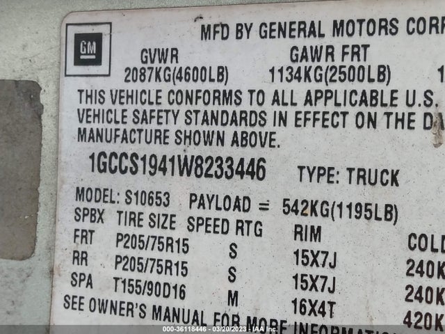 1998 CHEVROLET S-10 LS VIN: 1GCCS1941W8233446