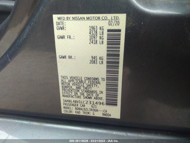 2020 NISSAN ALTIMA 2.5 S VIN: 1N4BL4BV1LC231496