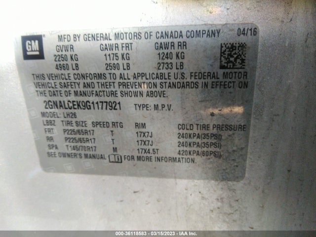 Chevrolet EQUINOX LT 2016 2GNALCEK9G1177921 Image 9