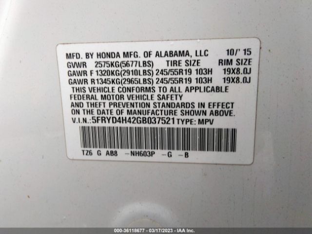 5FRYD4H42GB037521 Acura Mdx W/tech/w/tech
