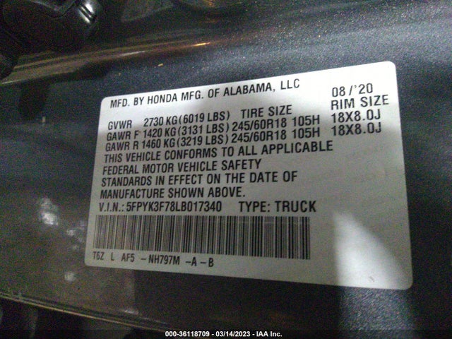 2020 Honda Ridgeline, VIN: 5FPYK3F78LB017340
