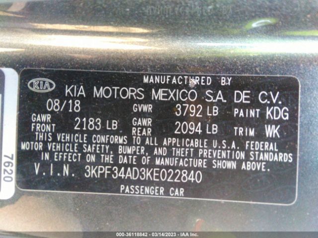 3KPF34AD3KE022840 KIA FORTE S