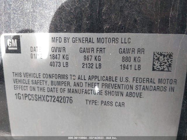 Chevrolet CRUZE LS 2012 1G1PC5SHXC7242076 Image 9