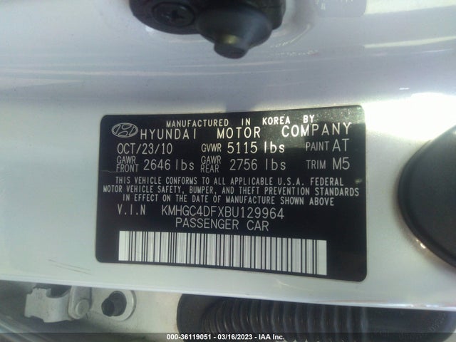 2011 HYUNDAI GENESIS VIN: KMHGC4DFXBU129964