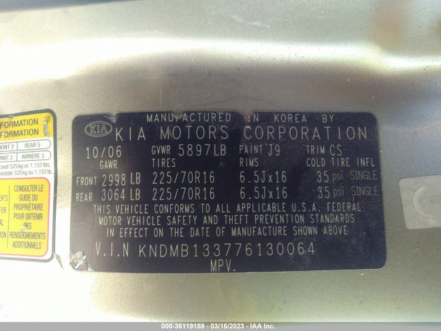 2007 KIA SEDONA VIN: KNDMB133776130064
