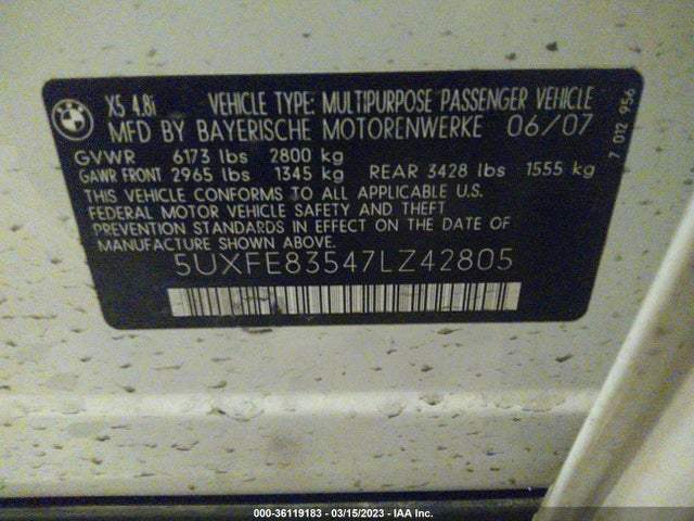 2007 BMW X5 4.8I VIN: 5UXFE83547LZ42805