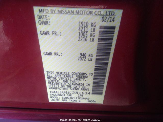 1N4AL3AP1EC281634 Nissan Altima 2.5 Sv